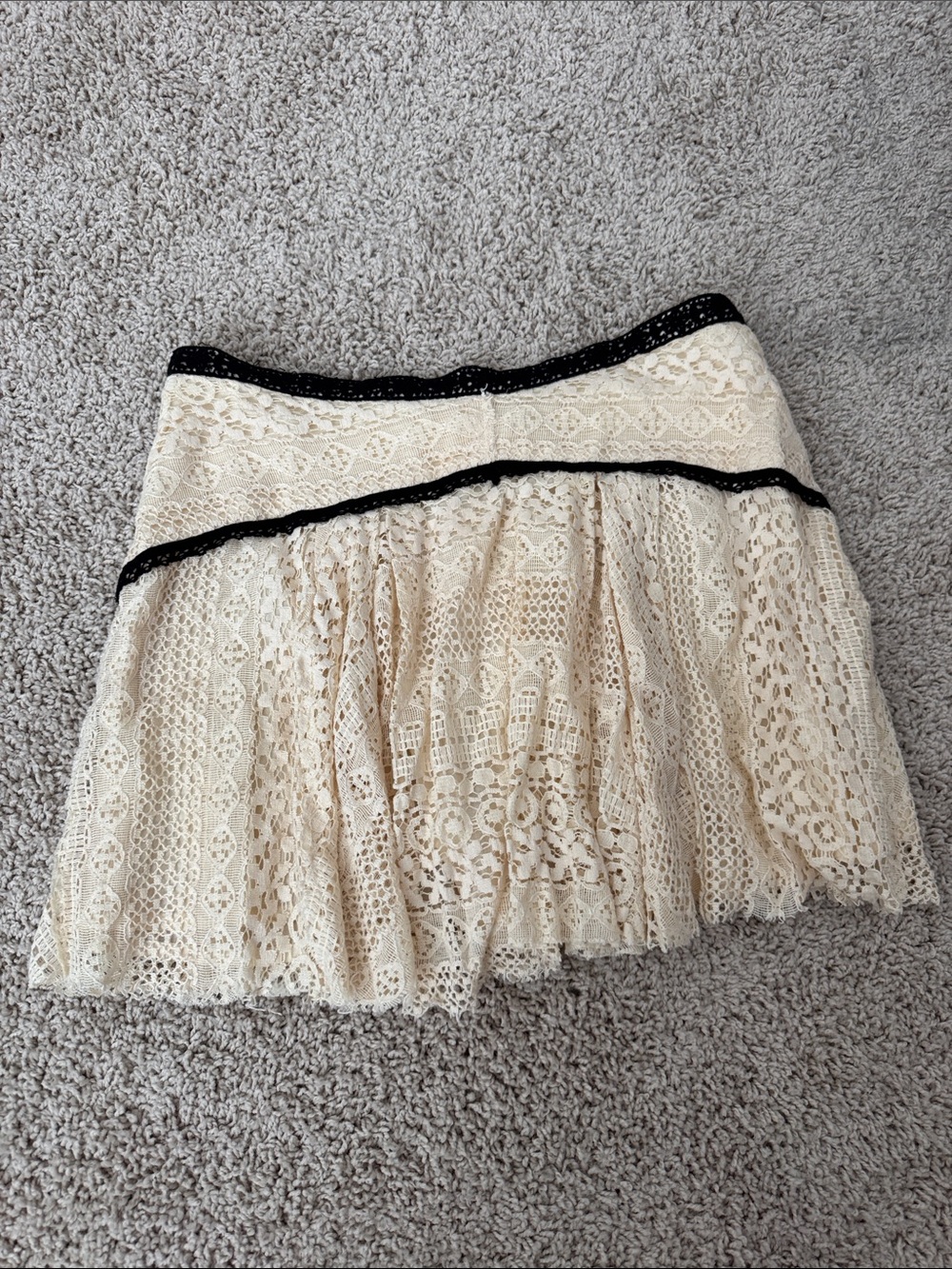 Free People Cream Lace Skater Skirt with Black Trim